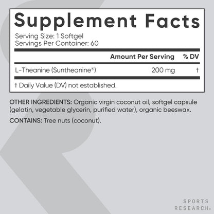 Sports Research Double Strength L-Theanine Supplement - Suntheanine Softgels for Focus, Relaxation & Alertness - Non-Drowsy Support Made with Coconut Oil, Non-GMO & Gluten Free - 200mg, 60 Count - dailyvitalstore