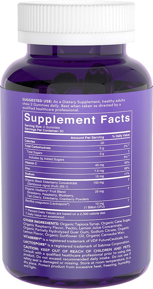 Sports Research Elderberry Gummies Concentrate with Vitamin C, Zinc & Probiotics for Immune Support & Gut Health | USDA Organic, Vegan Certified & Non-GMO Verified (120 Gummies) - dailyvitalstore