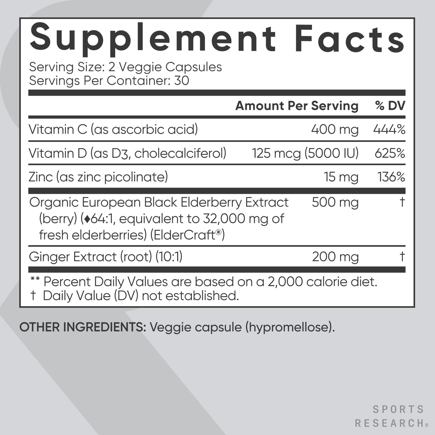 Sports Research® Elderberry Immune Support with Zinc, Ginger, Vitamin C & D3 - Vegan Friendly · Non-GMO · Gluten Free - 60 Veggie Capsules - dailyvitalstore