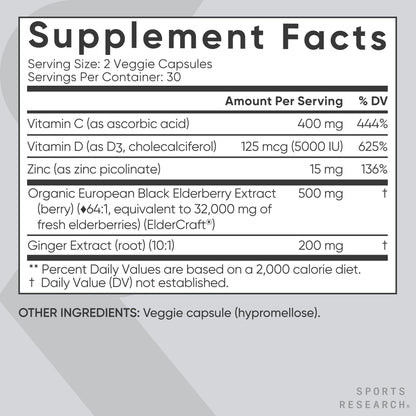 Sports Research® Elderberry Immune Support with Zinc, Ginger, Vitamin C & D3 - Vegan Friendly · Non-GMO · Gluten Free - 60 Veggie Capsules - dailyvitalstore