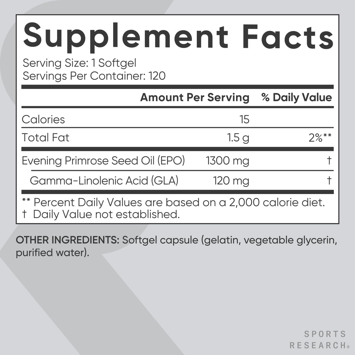 Sports Research Evening Primrose Supplement from Cold Pressed Oil - Softgels for Women’s Health & Skin Health - Gluten Free & Non-GMO GLA - High Potency 1300mg, 120 Count - dailyvitalstore