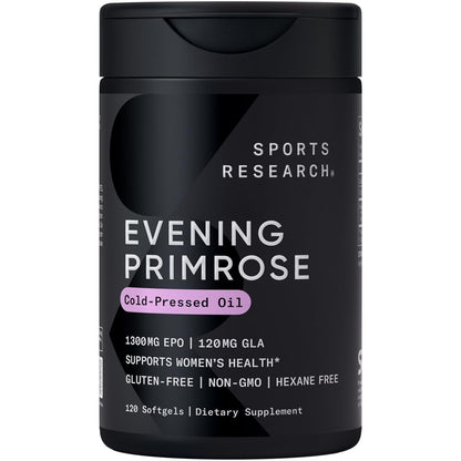Sports Research Evening Primrose Supplement from Cold Pressed Oil - Softgels for Women’s Health & Skin Health - Gluten Free & Non-GMO GLA - High Potency 1300mg, 120 Count - dailyvitalstore