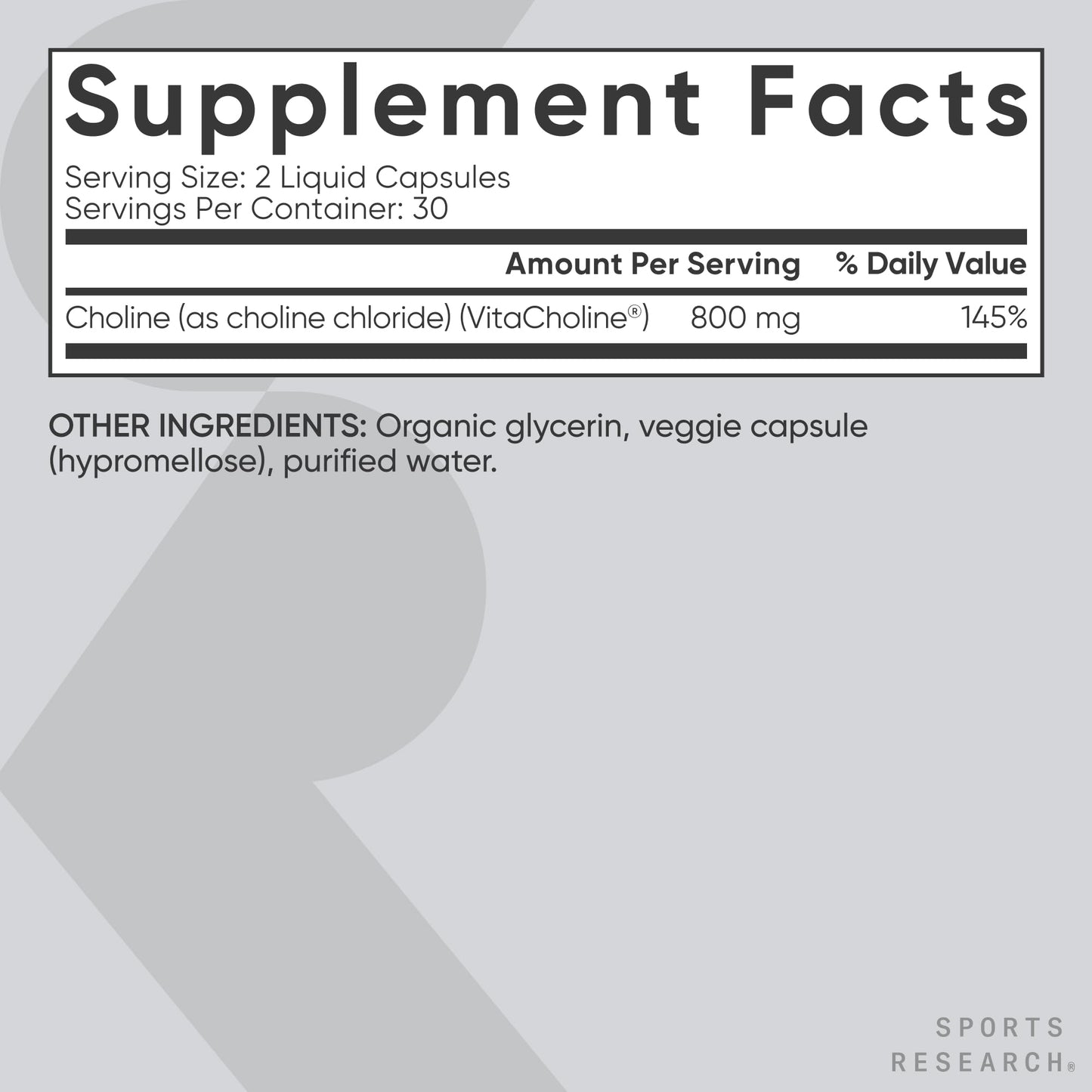 Sports Research ® Extra Strength Choline 800 mg - Essential Nutrient Featuring VitaCholine ® for Focus Support - Vegan Certified • Non-GMO • Gluten Free - 60 Liquid Capsules - dailyvitalstore