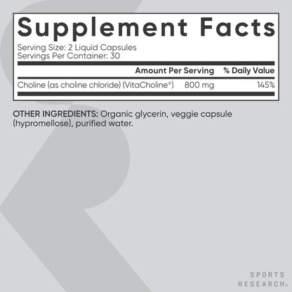 Sports Research ® Extra Strength Choline 800 mg - Essential Nutrient Featuring VitaCholine ® for Focus Support - Vegan Certified • Non-GMO • Gluten Free - 60 Liquid Capsules - dailyvitalstore