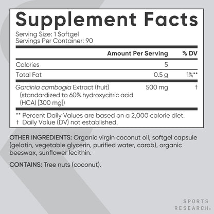 Sports Research Garcinia Cambogia Extract (60% HCA) with Extra Virgin Organic Coconut Oil | Non-GMO, Soy & Gluten Free (90 Liquid Softgels) - dailyvitalstore