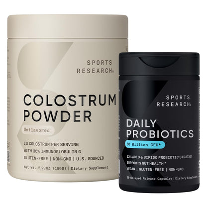 Sports Research® Gut Health Pack - Daily Probiotics w/Lacto & Bifido Probiotic Strains (60 Billion CFU) and U.S. Sourced Bovine Colostrum Powder w/IgG Antibodies for Gut Health & Digestive Support - dailyvitalstore