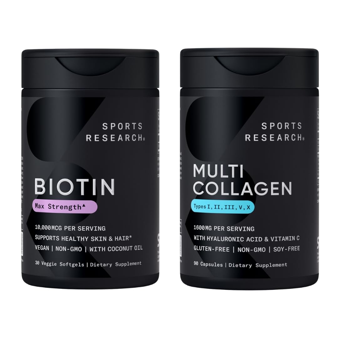Sports Research® Healthy Hair Essentials - Biotin 10,000mcg with Organic Coconut Oil Vitamin B7 for Healthy Skin and Hair Support + Multi Collagen Pills Peptides with Hyaluronic Acid & Vitamin C - dailyvitalstore