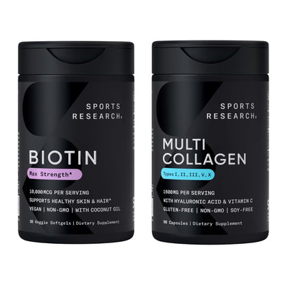 Sports Research® Healthy Hair Essentials - Biotin 10,000mcg with Organic Coconut Oil Vitamin B7 for Healthy Skin and Hair Support + Multi Collagen Pills Peptides with Hyaluronic Acid & Vitamin C - dailyvitalstore