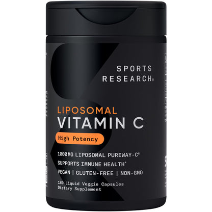 Sports Research® High Potency Liposomal Vitamin C Supplement 1000 mg – Certified Vegan, Non-GMO, Gluten Free | Antioxidant & Immune Support | Ascorbic Acid Vitamin C | 180 Liquid Veggie Capsules - dailyvitalstore