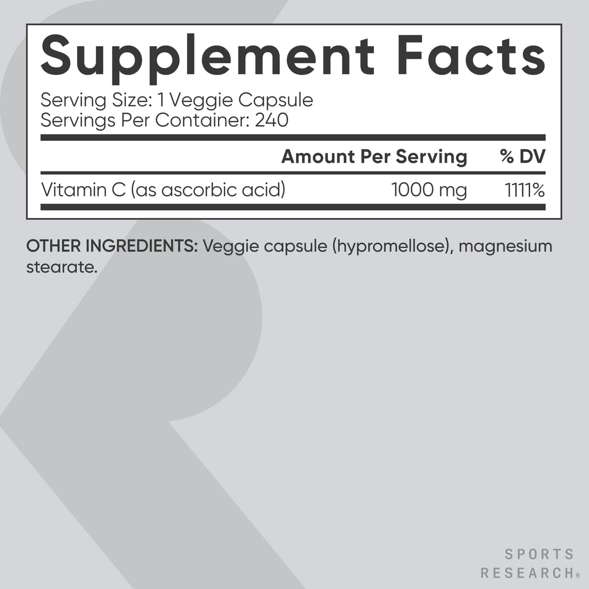 Sports Research High Potency Vitamin C Supplement - Vegan Veggie Capsules for Antioxidant Activity & Immune Support - Non-GMO Verified & Gluten Free - Ascorbic Acid Vitamin C 1000mg, 240 Count - dailyvitalstore