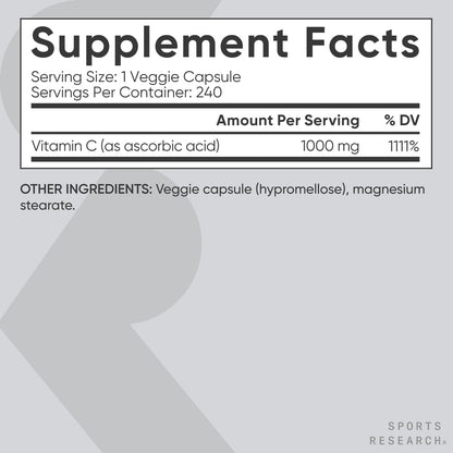 Sports Research High Potency Vitamin C Supplement - Vegan Veggie Capsules for Antioxidant Activity & Immune Support - Non-GMO Verified & Gluten Free - Ascorbic Acid Vitamin C 1000mg, 240 Count - dailyvitalstore