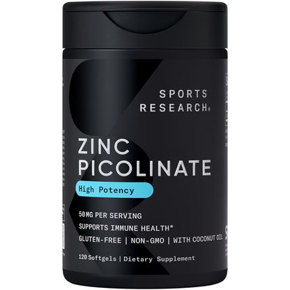 Sports Research High Potency Zinc Picolinate 50mg with Organic Coconut Oil | Highly Absorbable Zinc Supplement for Healthy Immune & Enzyme Function - Non-GMO Tested & Gluten-Free (120 Liquid Softgels) - dailyvitalstore