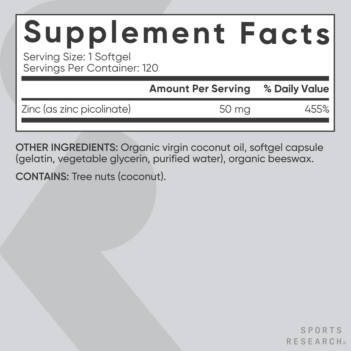 Sports Research High Potency Zinc Picolinate 50mg with Organic Coconut Oil | Highly Absorbable Zinc Supplement for Healthy Immune & Enzyme Function - Non-GMO Tested & Gluten-Free (120 Liquid Softgels) - dailyvitalstore