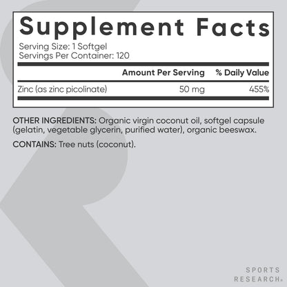 Sports Research High Potency Zinc Picolinate 50mg with Organic Coconut Oil | Highly Absorbable Zinc Supplement for Healthy Immune & Enzyme Function - Non-GMO Tested & Gluten-Free (120 Liquid Softgels) - dailyvitalstore