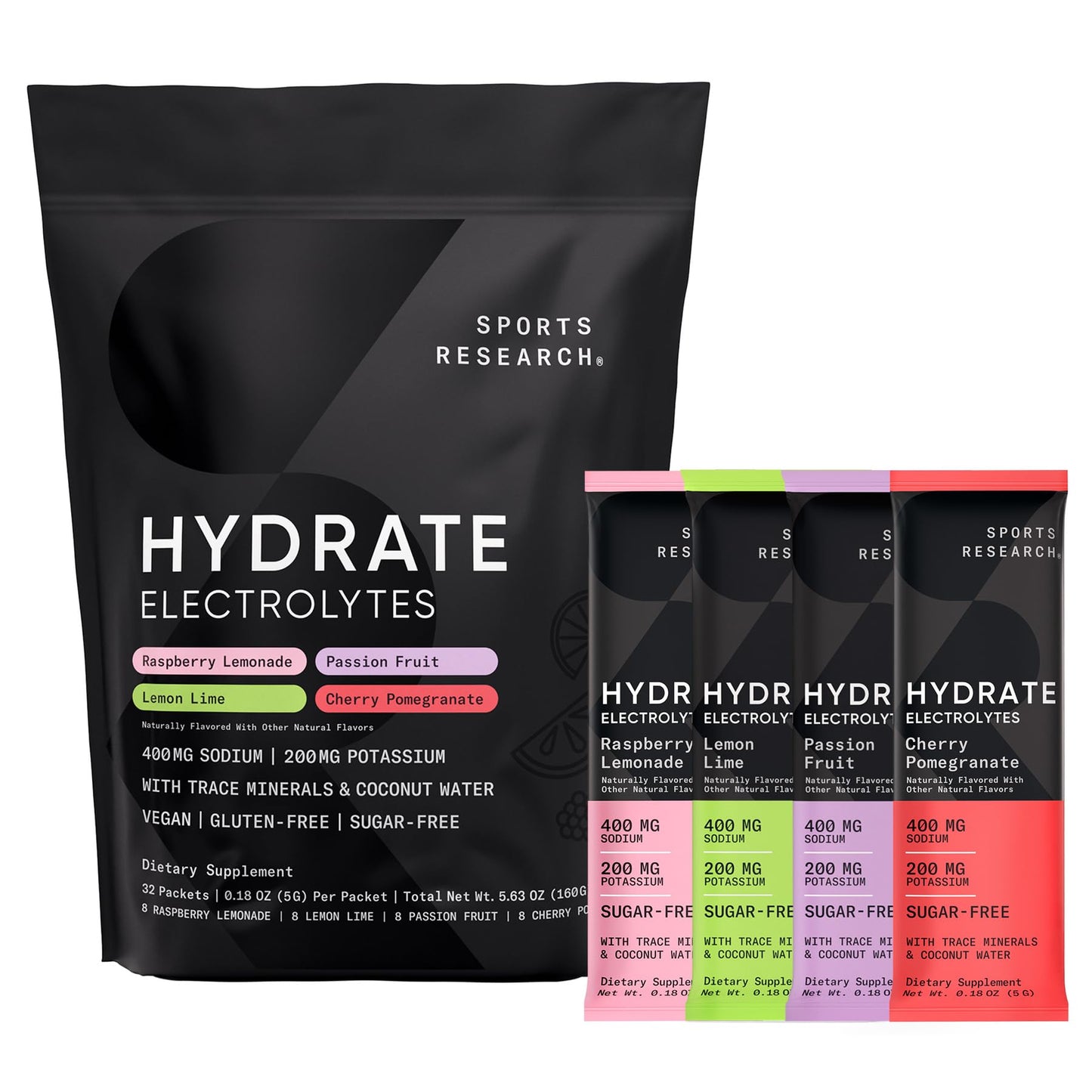 Sports Research® Hydrate Electrolytes Powder Packets - Sugar-Free & Naturally Flavored with Vitamins, Minerals, and Coconut Water - dailyvitalstore