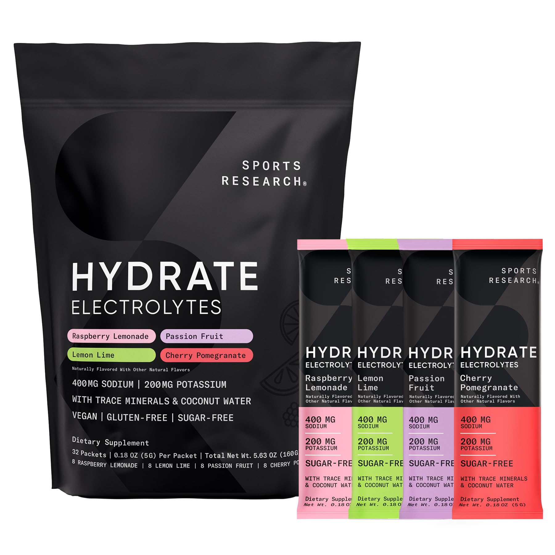 Sports Research® Hydrate Electrolytes Powder Packets - Sugar-Free & Naturally Flavored with Vitamins, Minerals, and Coconut Water - dailyvitalstore
