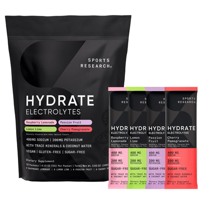 Sports Research® Hydrate Electrolytes Powder Packets - Sugar-Free & Naturally Flavored with Vitamins, Minerals, and Coconut Water - dailyvitalstore