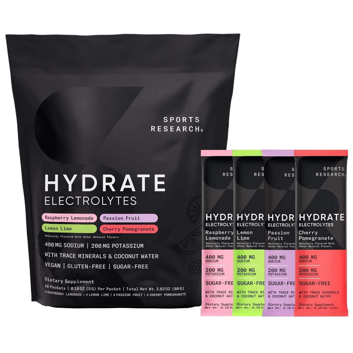 Sports Research® Hydrate Electrolytes Powder Packets - Sugar-Free & Naturally Flavored with Vitamins, Minerals, and Coconut Water - Supports Hydration - 16 Packets - Variety Pack - dailyvitalstore