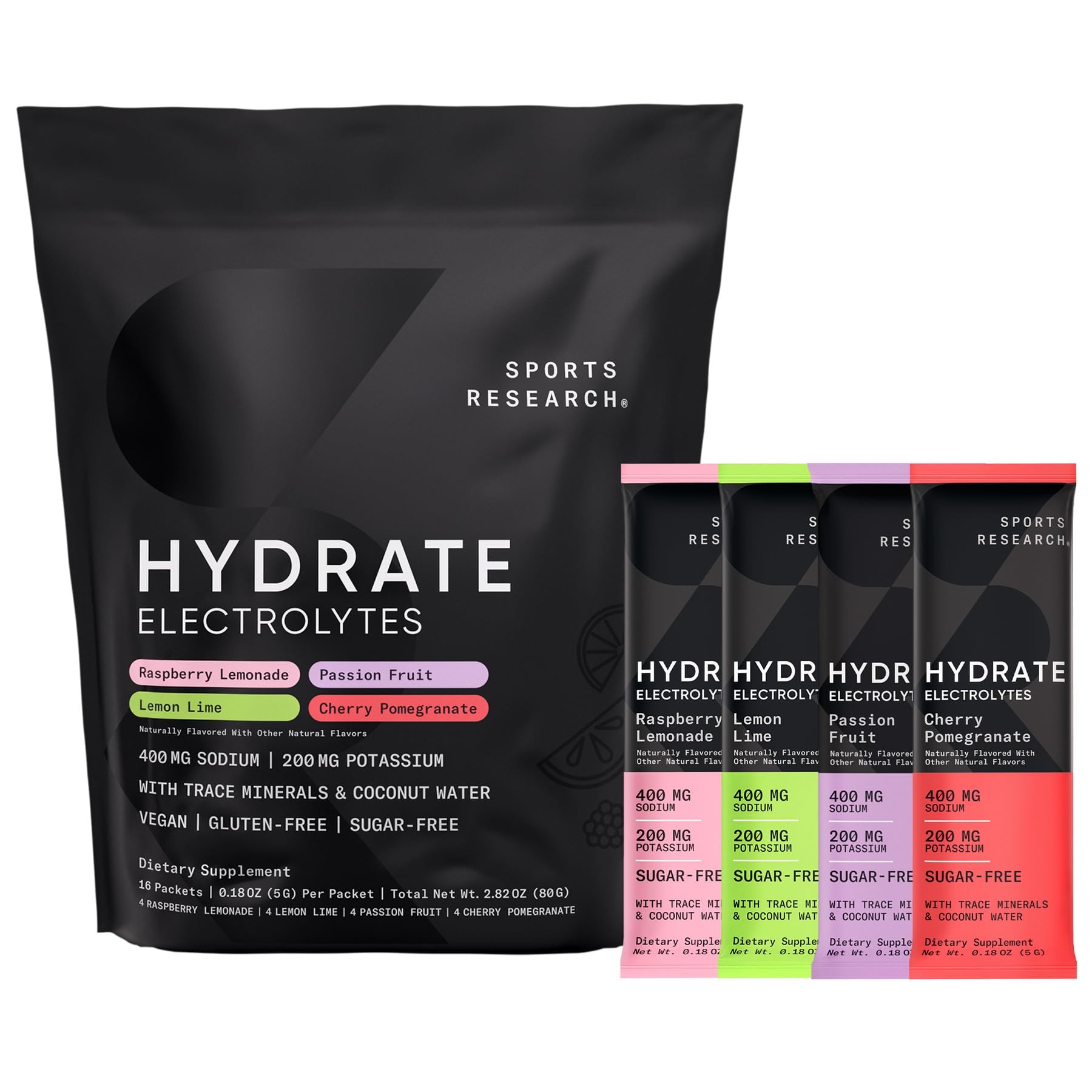 Sports Research® Hydrate Electrolytes Powder Packets - Sugar-Free & Naturally Flavored with Vitamins, Minerals, and Coconut Water - Supports Hydration - 16 Packets - Variety Pack - dailyvitalstore