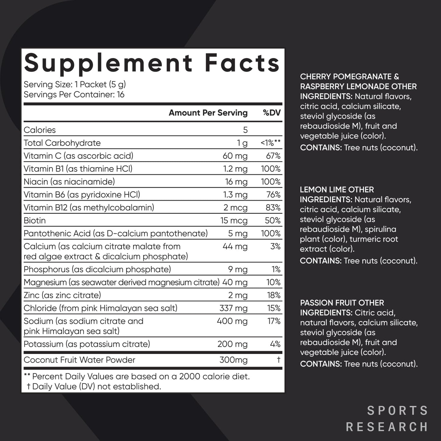 Sports Research® Hydrate Electrolytes Powder Packets - Sugar-Free & Naturally Flavored with Vitamins, Minerals, and Coconut Water - Supports Hydration - 16 Packets - Variety Pack - dailyvitalstore