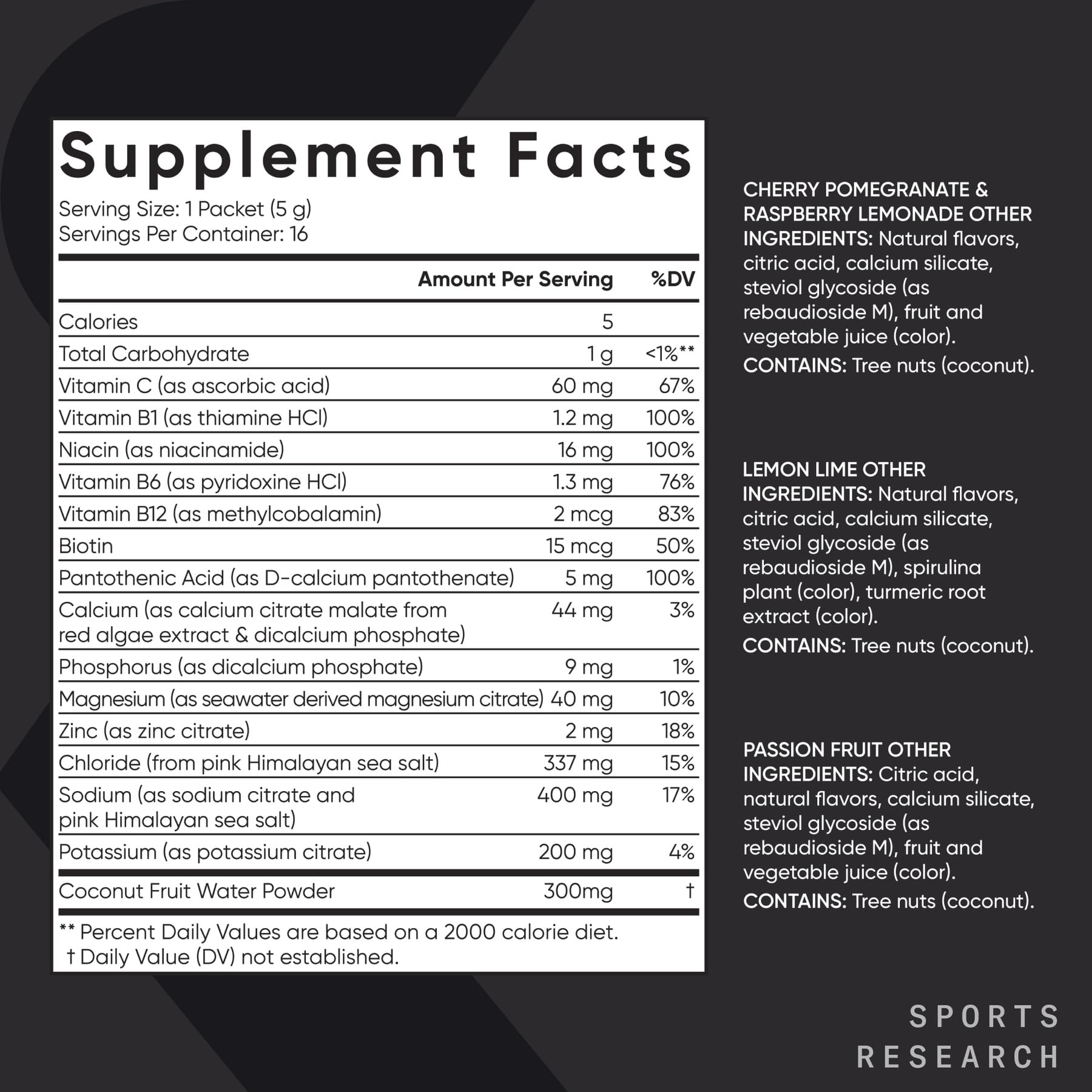 Sports Research® Hydrate Electrolytes Powder Packets - Sugar-Free & Naturally Flavored with Vitamins, Minerals, and Coconut Water - Supports Hydration - 16 Packets - Variety Pack - dailyvitalstore