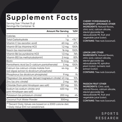 Sports Research® Hydrate Electrolytes Powder Packets - Sugar-Free & Naturally Flavored with Vitamins, Minerals, and Coconut Water - Supports Hydration - 16 Packets - Variety Pack - dailyvitalstore