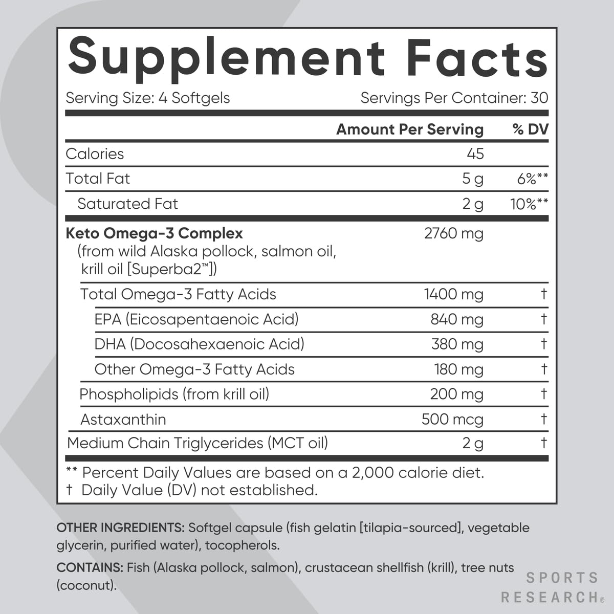 Sports Research Keto Omega Fish Oil with Wild Sockeye Salmon, Antarctic Krill Oil, Astaxanthin & Coconut MCT Oil - 1200mg of EPA & DHA per Serving | Keto Certified & Non-GMO Verified (120 Softgels) - dailyvitalstore