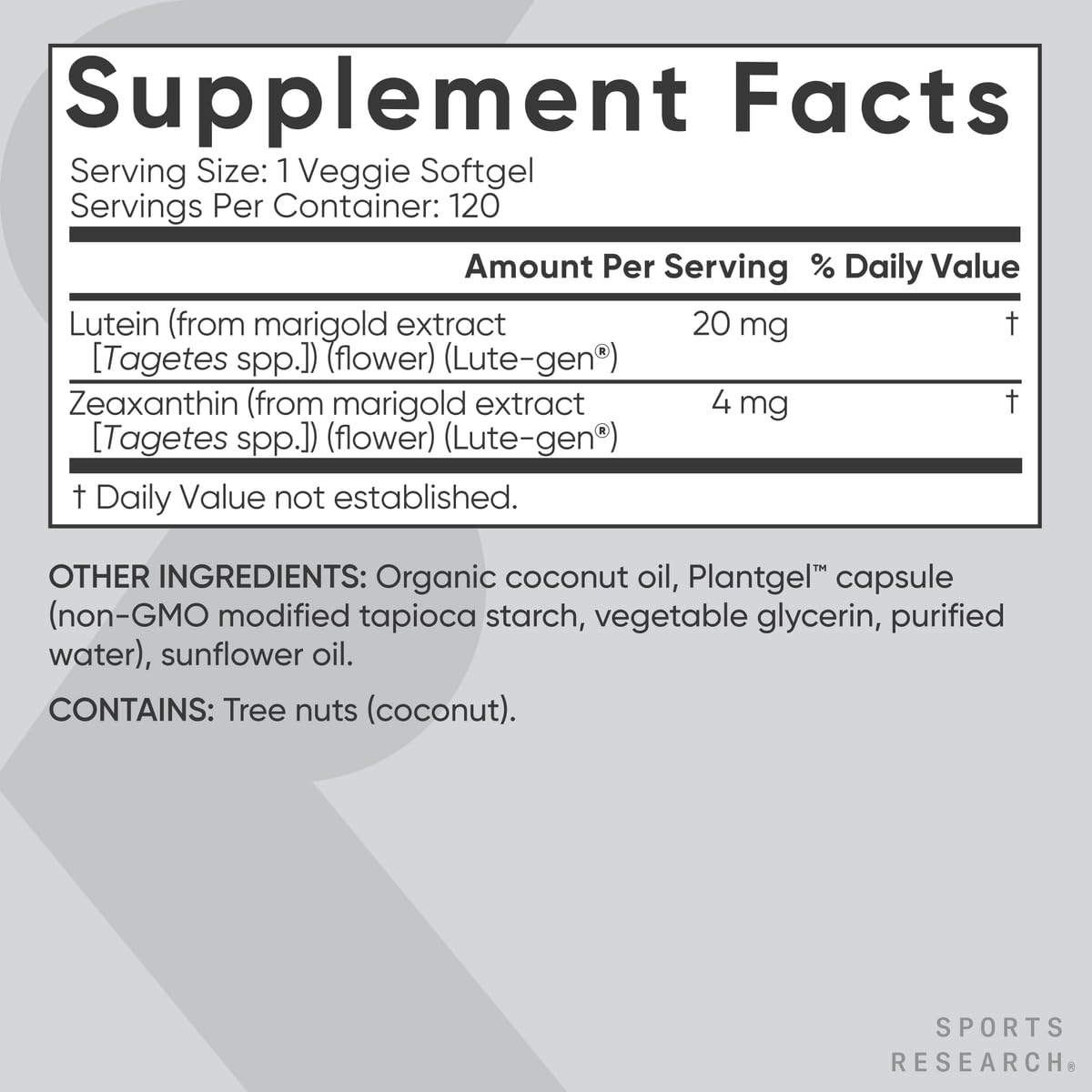 Sports Research® Lutein and Zeaxanthin Capsules - Eye Health Support Supplement Made with Lute-Gen® and Organic Coconut Oil - Vegan Friendly & Non-GMO Verified - 120 Veggie Softgels - dailyvitalstore