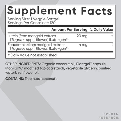 Sports Research® Lutein and Zeaxanthin Capsules - Eye Health Support Supplement Made with Lute-Gen® and Organic Coconut Oil - Vegan Friendly & Non-GMO Verified - 120 Veggie Softgels - dailyvitalstore