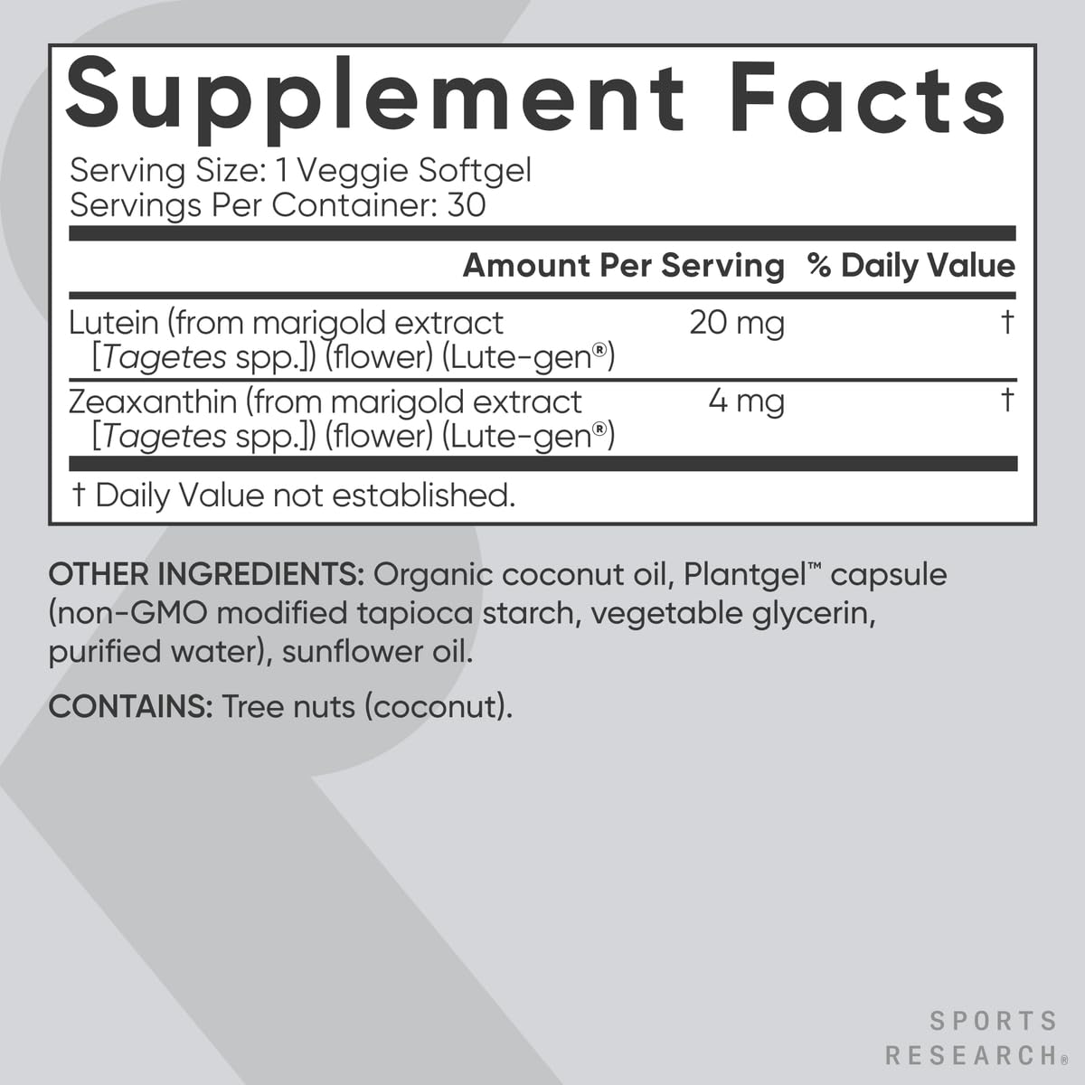 Sports Research® Lutein and Zeaxanthin Capsules - Eye Health Support Supplement Made with Lute-Gen® and Organic Coconut Oil - Vegan Friendly & Non-GMO Verified - 30 Veggie Softgels - dailyvitalstore