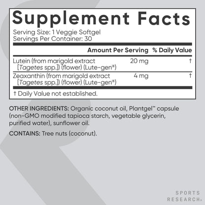 Sports Research® Lutein and Zeaxanthin Capsules - Eye Health Support Supplement Made with Lute-Gen® and Organic Coconut Oil - Vegan Friendly & Non-GMO Verified - 30 Veggie Softgels - dailyvitalstore