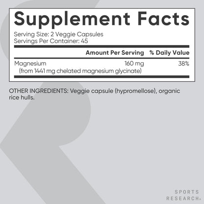 Sports Research® Magnesium Glycinate - Supports Restful Sleep & Enzymatic Processes - 160 mg Chelated Magnesium - Vegan Capsule - 90 Count - dailyvitalstore