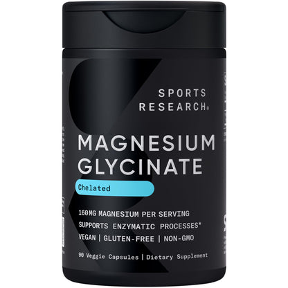 Sports Research® Magnesium Glycinate - Supports Restful Sleep & Enzymatic Processes - 160 mg Chelated Magnesium - Vegan Capsule - 90 Count - dailyvitalstore