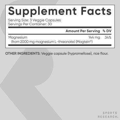 Sports Research® Magnesium L-Threonate Capsules 2000mg - High-Absorption Magtein® for Enhanced Brain Health, Memory, Focus & Restful Sleep Support - Vegan · Non-GMO · Gluten Free - 90 Count - dailyvitalstore