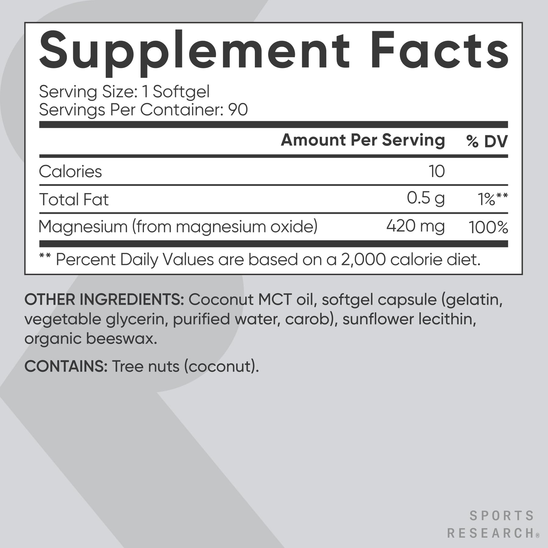 Sports Research® Magnesium Oxide 420mg with Coconut MCT Oil - Magnesium Supplement for Muscle, Nerve, and Bone Support* - Gluten-Free, Non-GMO - 90 Softgels - dailyvitalstore