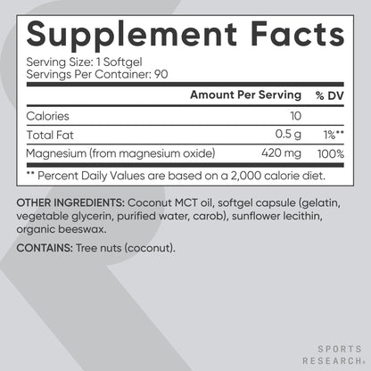 Sports Research® Magnesium Oxide 420mg with Coconut MCT Oil - Magnesium Supplement for Muscle, Nerve, and Bone Support* - Gluten-Free, Non-GMO - 90 Softgels - dailyvitalstore