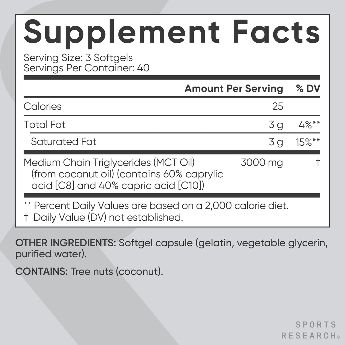 Sports Research MCT Oil Capsules derived from Coconut Oil | Keto Fuel for The Brain & Body | High Potency 3000 mg | Derived from Non-GMO Coconuts (120 Softgels) - dailyvitalstore