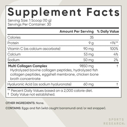 Sports Research Multi Collagen Protein Powder (Type I, II, III, V, X) with Hyaluronic Acid + Vitamin C | 5 Types of Food Based Collagen, 30 Servings (Unflavored) - dailyvitalstore