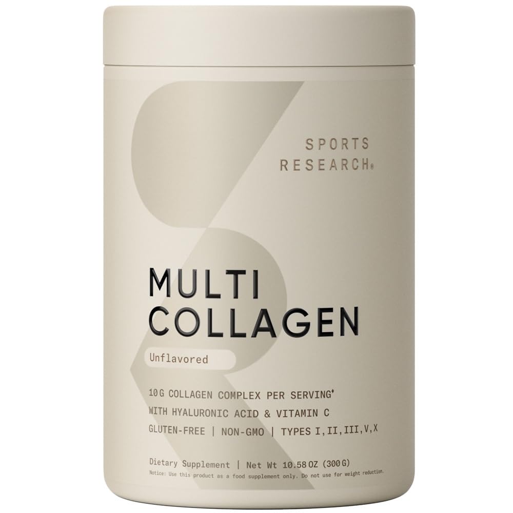 Sports Research Multi Collagen Protein Powder (Type I, II, III, V, X) with Hyaluronic Acid + Vitamin C | 5 Types of Food Based Collagen, 30 Servings (Unflavored) - dailyvitalstore