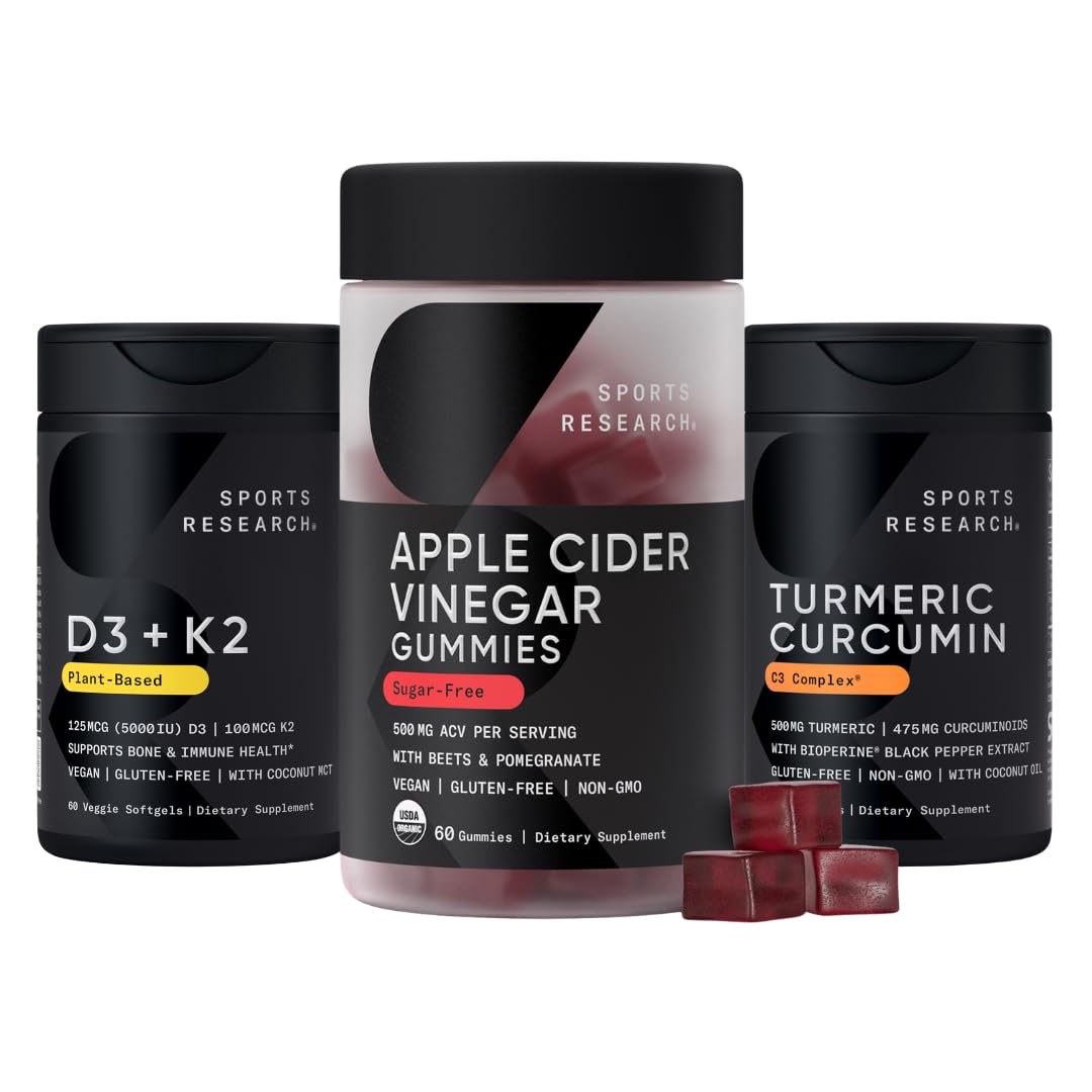 Sports Research® Multivitamins Pack - Organic Apple Cider Vinegar Gummies + Vitamin D 5000iu & Mk7 Vitamin K 100mcg + Turmeric Curcumin C3 Complex - dailyvitalstore