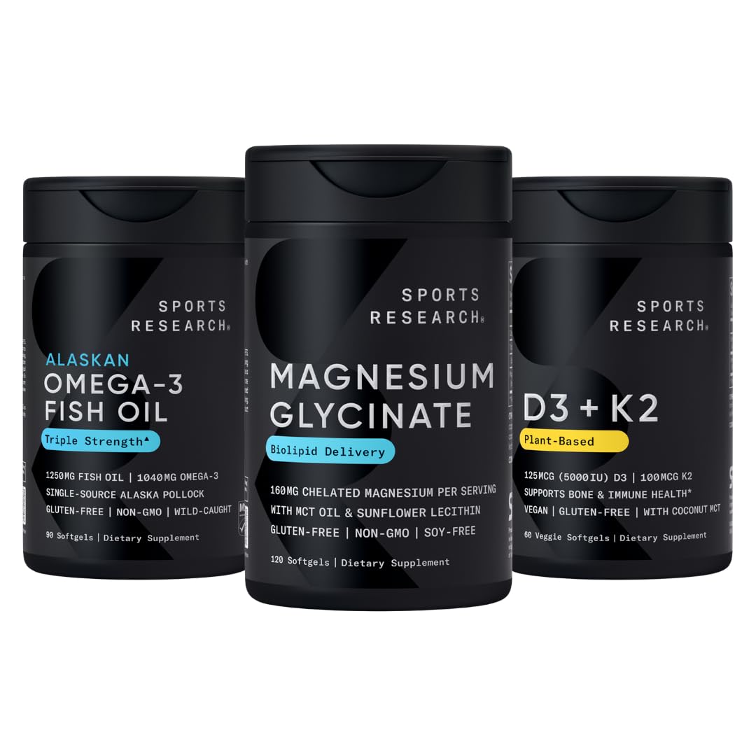 Sports Research® Multivitamins Pack - Triple Strength Omega-3 Fish Oil 1250 + 160 mg Chelated Magnesium Glycinate + Vegan Vitamin D 5000iu & Mk7 Vitamin K 100mcg - dailyvitalstore