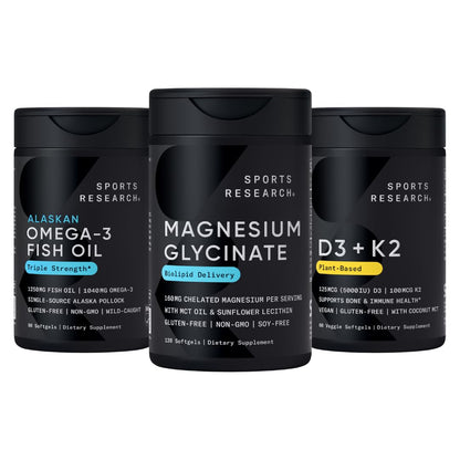 Sports Research® Multivitamins Pack - Triple Strength Omega-3 Fish Oil 1250 + 160 mg Chelated Magnesium Glycinate + Vegan Vitamin D 5000iu & Mk7 Vitamin K 100mcg - dailyvitalstore