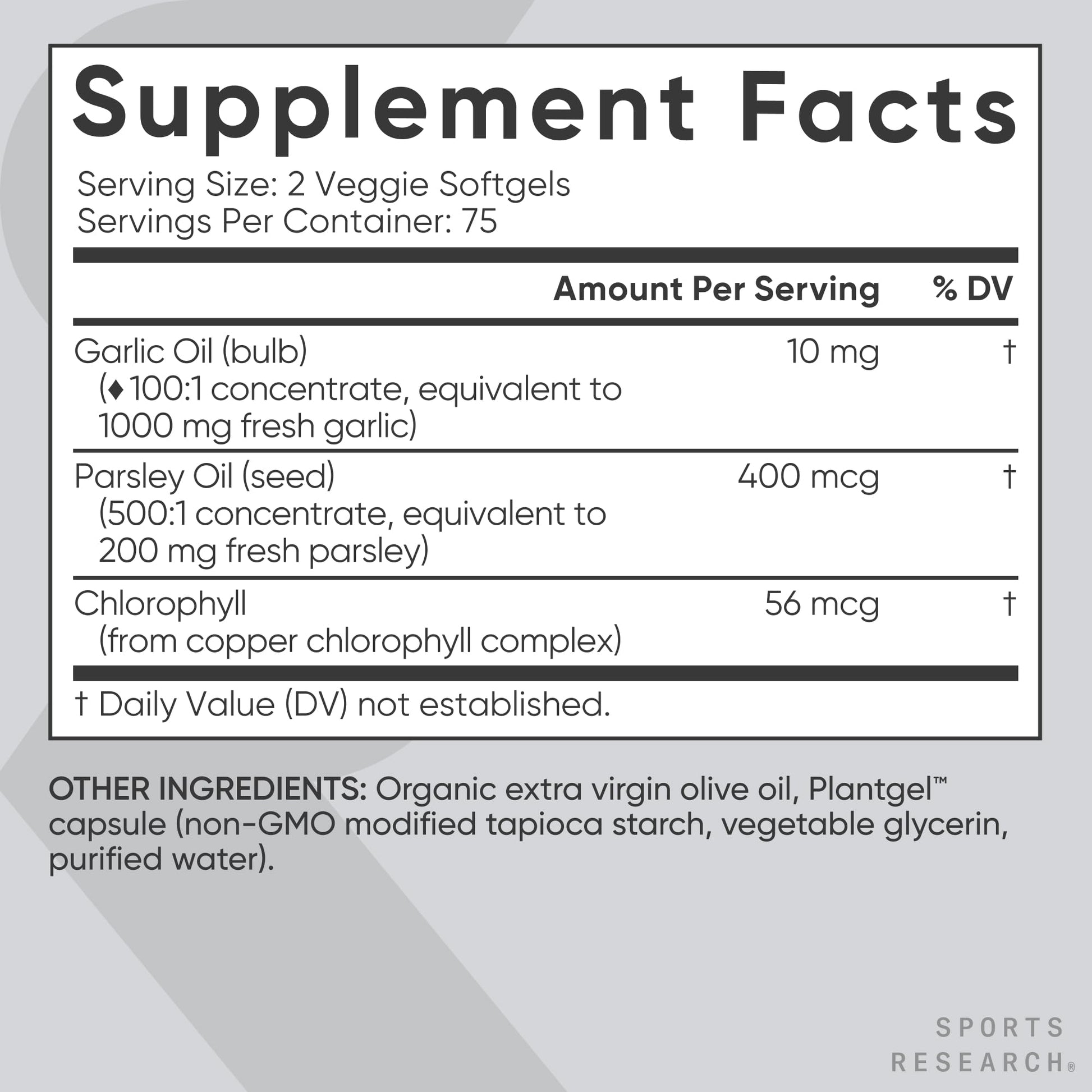 Sports Research® Odorless Garlic Oil Pills with Parsley & Chlorophyll - Vegan Certified · Non-GMO · Gluten Free - 150 Plantgel Capsules - dailyvitalstore