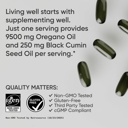 Sports Research® Oil of Oregano 9500mg w/Black Seed Oil & Coconut MCT Oil - Antioxidant Combination Supplement Rich in Thymoquinone & Carvacrol - Gluten Free · Non-GMO - 60 Softgels - dailyvitalstore