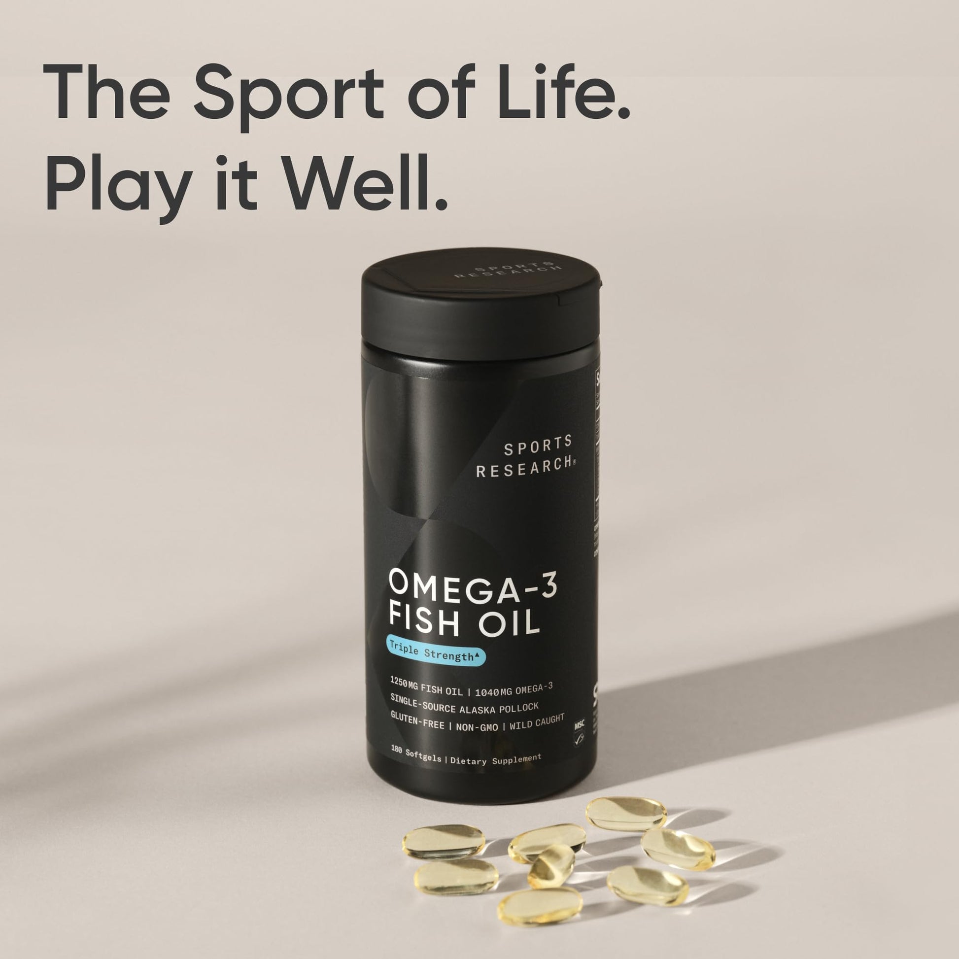 Sports Research® Omega-3 Fish Oil 1250 - Triple Strength Fish Oil Supplement from Wild Alaska Pollock - MSC Certified Sustainable · Non-GMO · Soy Free - 180 Softgel Capsules - dailyvitalstore