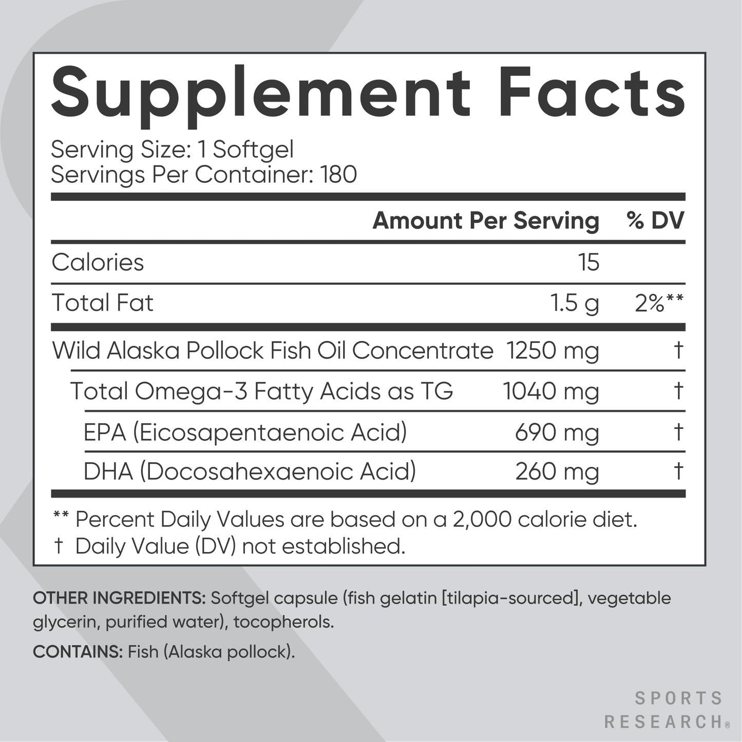 Sports Research® Omega-3 Fish Oil 1250 - Triple Strength Fish Oil Supplement from Wild Alaska Pollock - MSC Certified Sustainable · Non-GMO · Soy Free - 180 Softgel Capsules - dailyvitalstore