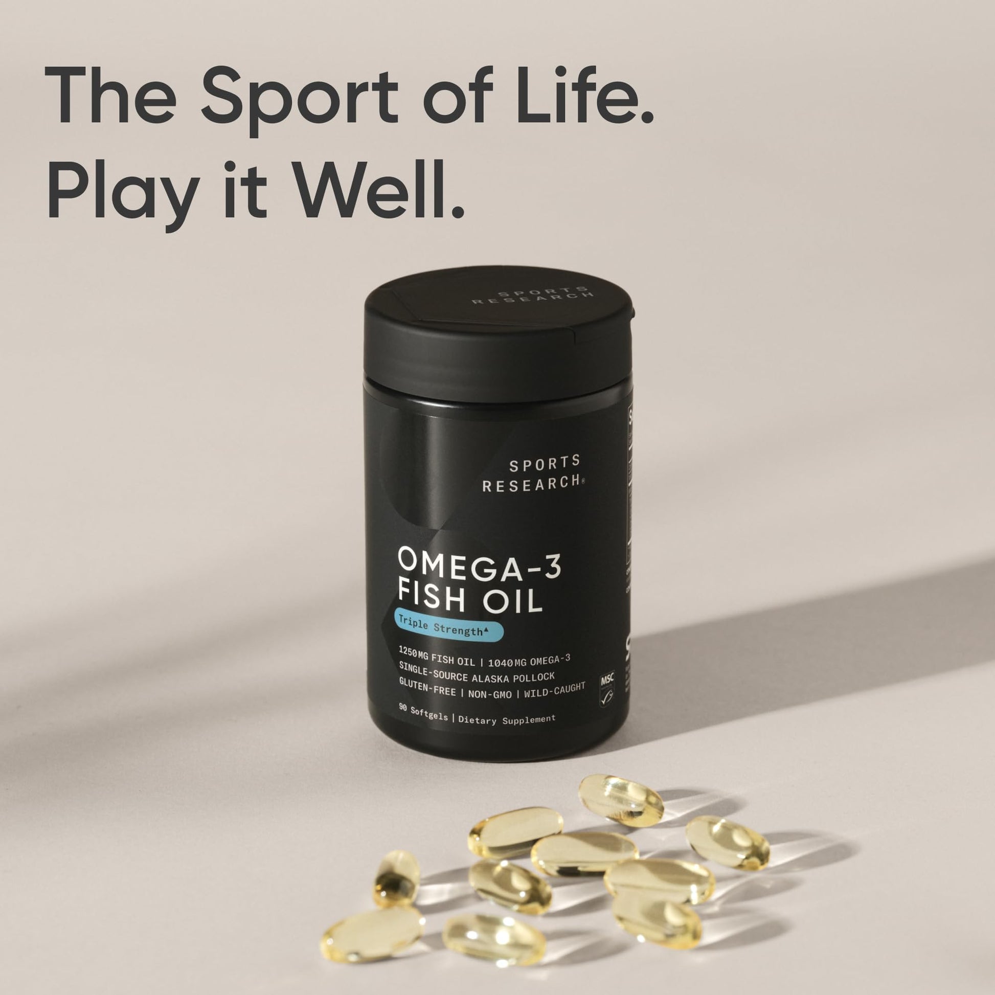 Sports Research® Omega-3 Fish Oil 1250 - Triple Strength Fish Oil Supplement from Wild Alaska Pollock - MSC Certified Sustainable · Non-GMO · Soy Free - 90 Softgel Capsules - dailyvitalstore