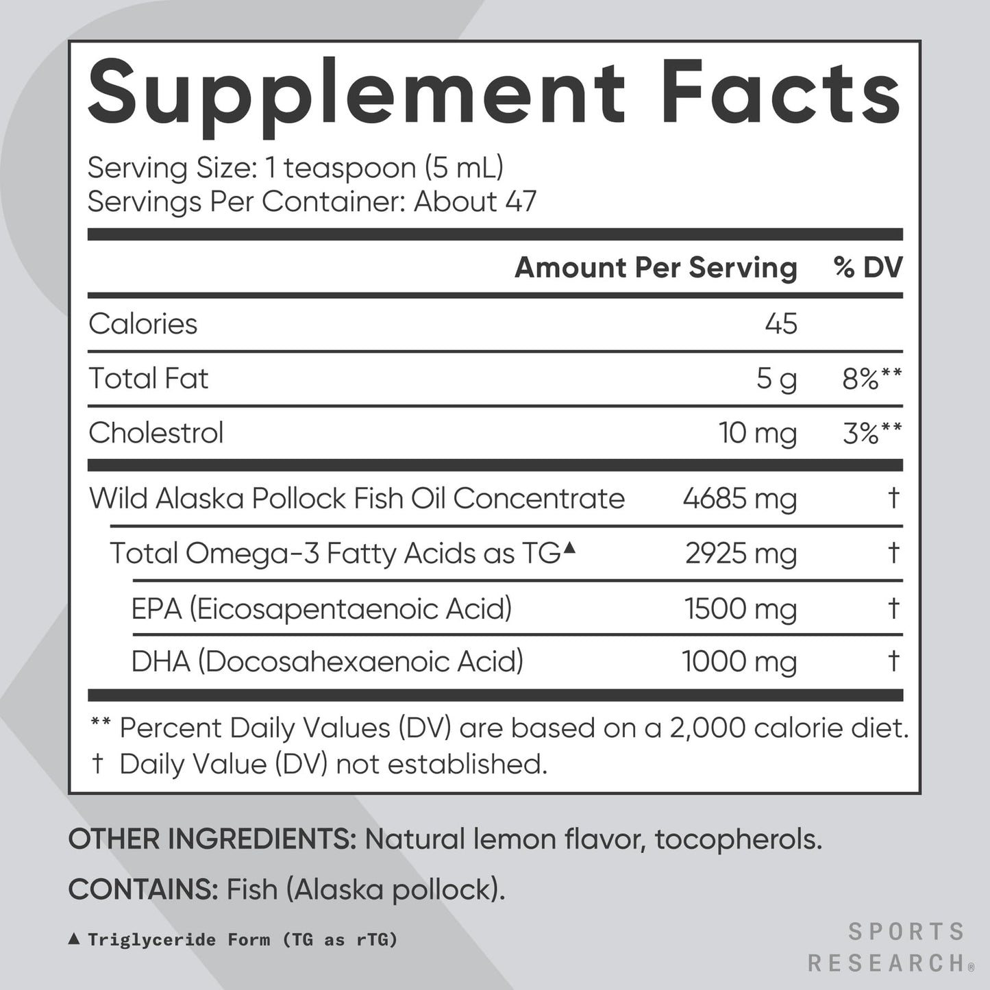 Sports Research® Omega-3 Fish Oil, 8oz Glass Bottle - 4685mg of Wild Caught Alaska Pollock Fish Oil per Serving - Easy-to-Take Liquid · Lemon Flavor · Non-GMO · MSC Certified Sustainable - 48 Servings - dailyvitalstore