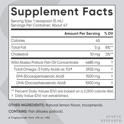 Sports Research® Omega-3 Fish Oil, 8oz Glass Bottle - 4685mg of Wild Caught Alaska Pollock Fish Oil per Serving - Easy-to-Take Liquid · Lemon Flavor · Non-GMO · MSC Certified Sustainable - 48 Servings - dailyvitalstore