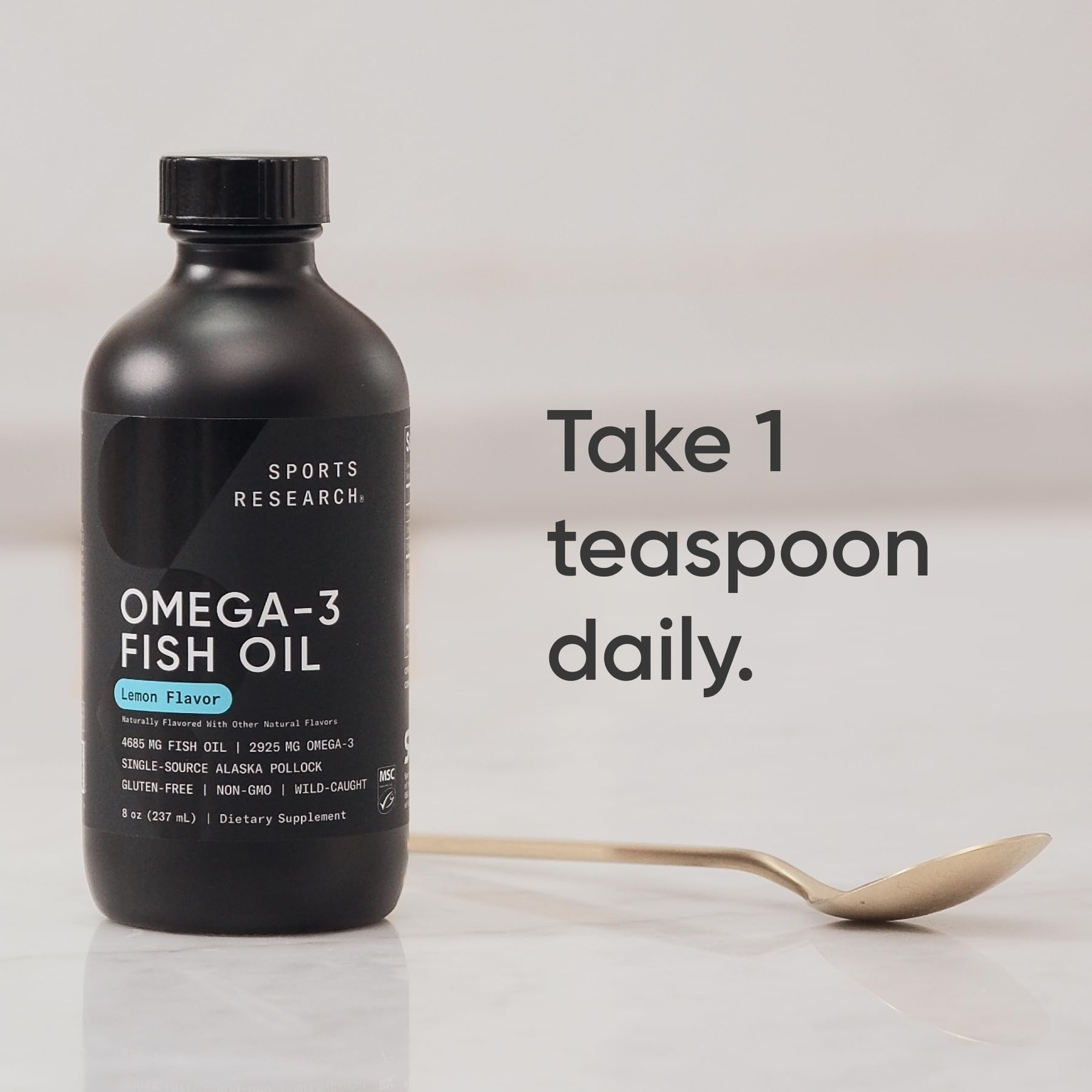 Sports Research® Omega-3 Fish Oil, 8oz Glass Bottle - 4685mg of Wild Caught Alaska Pollock Fish Oil per Serving - Easy-to-Take Liquid · Lemon Flavor · Non-GMO · MSC Certified Sustainable - 48 Servings - dailyvitalstore